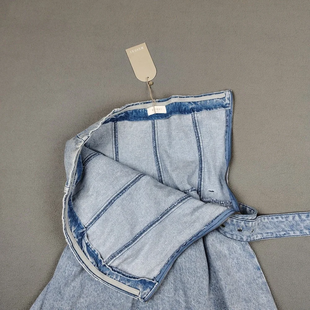 Meshki Mini Dress Medium Strapless Pleated Blue Denim Belted Flirty Festival New